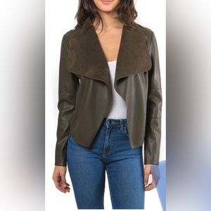 Bagatelle Women’s Draped Faux Leather Jacket, Medium, Olive Green